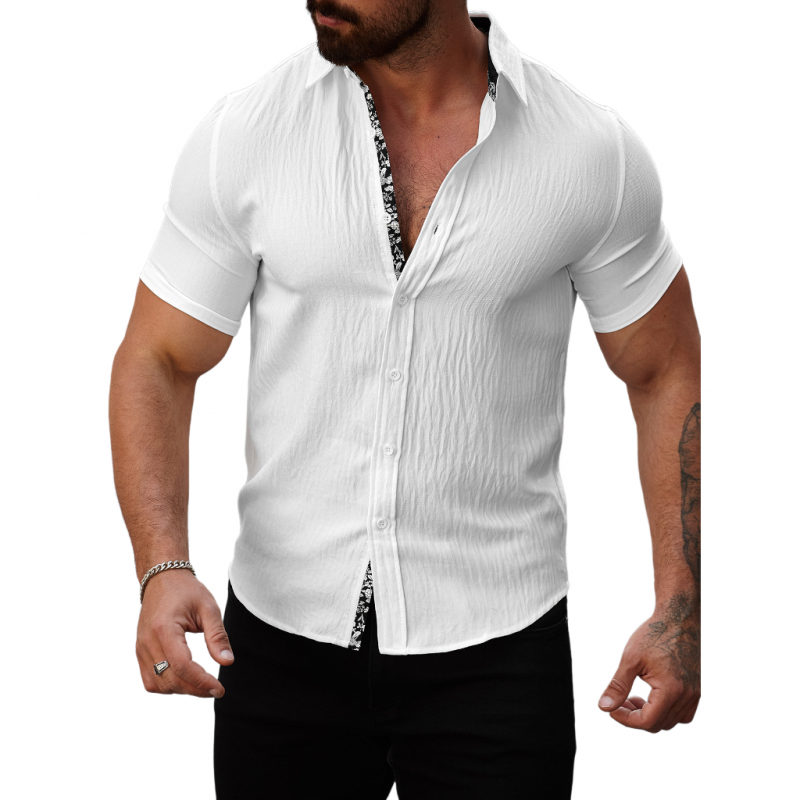 Men's Casual Cotton Linen Pleated Colorblock Lapel Slim Fit Short Sleeve Shirt DTT25060312