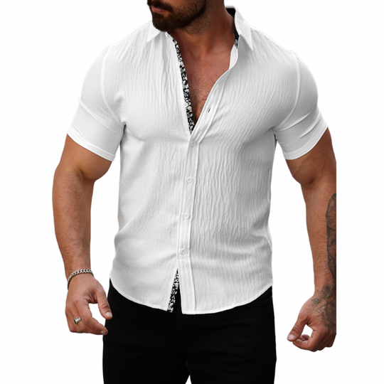 Men's Casual Cotton Linen Pleated Colorblock Lapel Slim Fit Short Sleeve Shirt DTT25060312