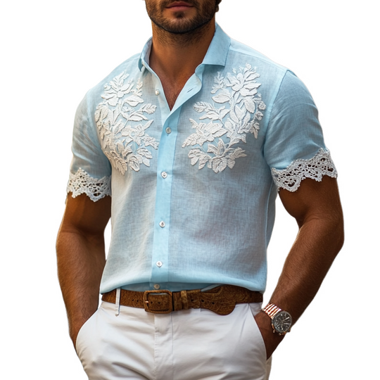 Men's Floral Embroidered Lapel Short Sleeve Shirt DTT25060520