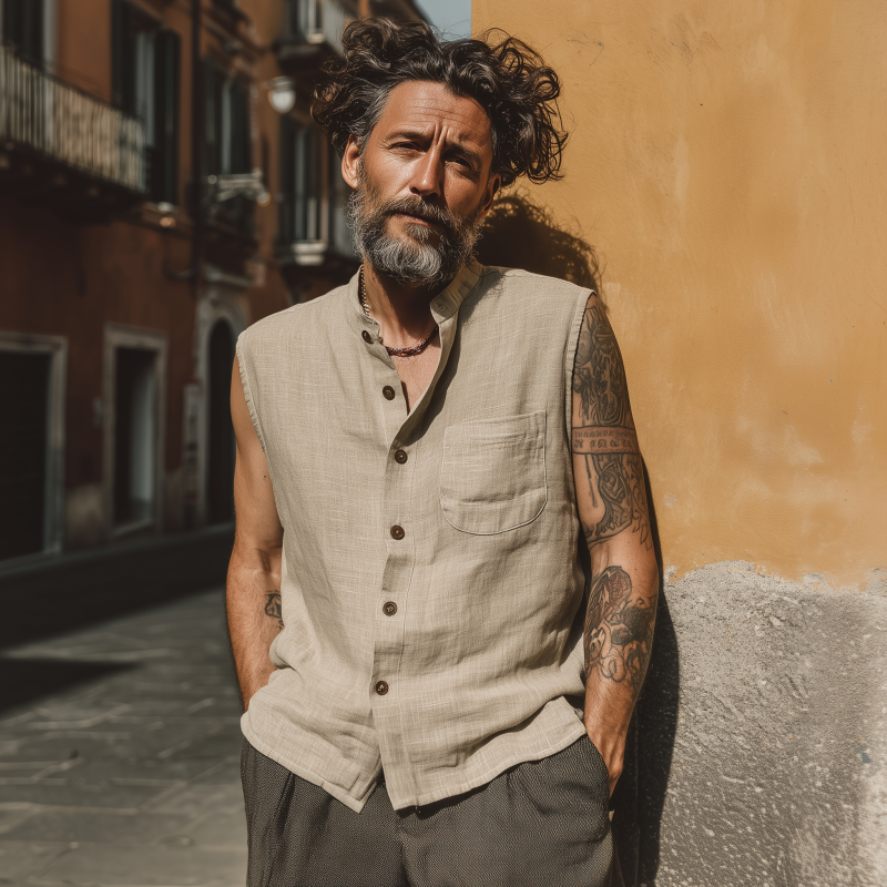 Men's Casual Breathable Linen Stand Collar Patch Pocket Loose Sleeveless Shirt DTT25070411
