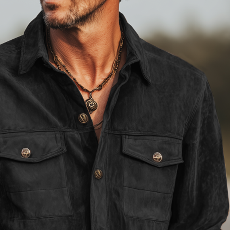 Men's Spring And Autumn Retro Black Suede Long Sleeve Shirt DTT25082037