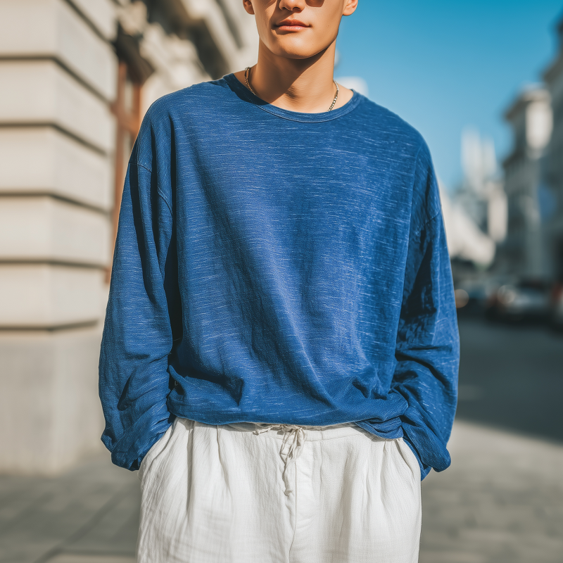 Men's Casual Breathable Soft Cotton Round Neck Loose Long Sleeve T-shirt DTT25071113