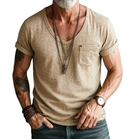 Men's Suede V Neck Chest Pocket Short Sleeve T-shirt DTT25062503
