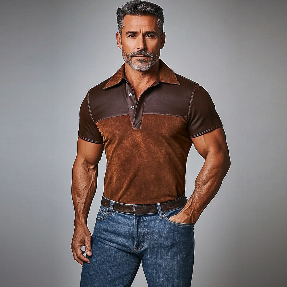 Men's Suede Patchwork PU Leather Short Sleeve Polo Shirt 9903587131576