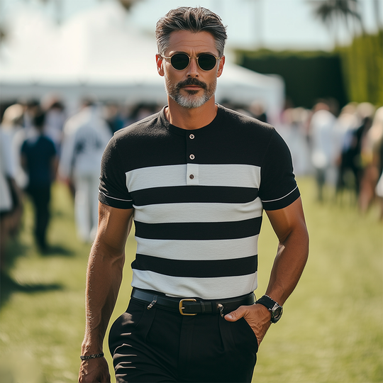 Men's Spring And Summer Fashion Casual Henley Collar Slim Fit Horizontal Striped Knitted Short Sleeve T-shirt DTT25060606
