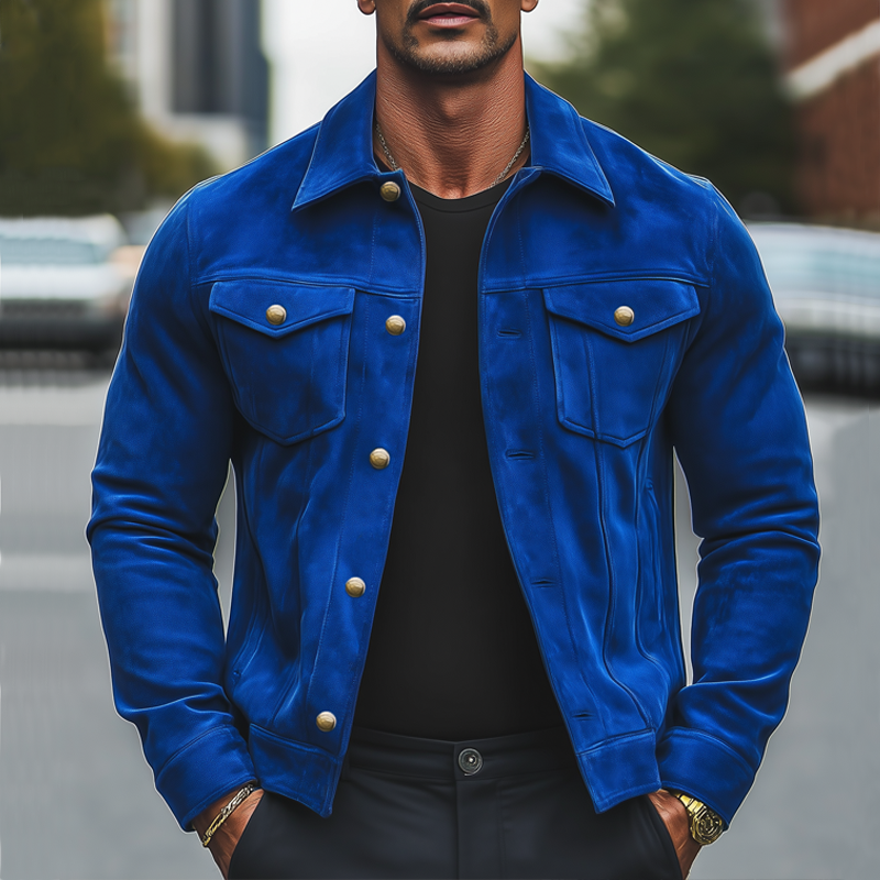 Men's Vintage Klein Blue Suede Button-Down Jacket DTT25082217