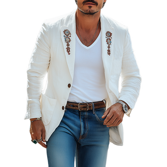 Men's Casual Fashion Spring And Summer Thin Cotton And Linen Embroidered Single-breasted Blazer DTT25061018
