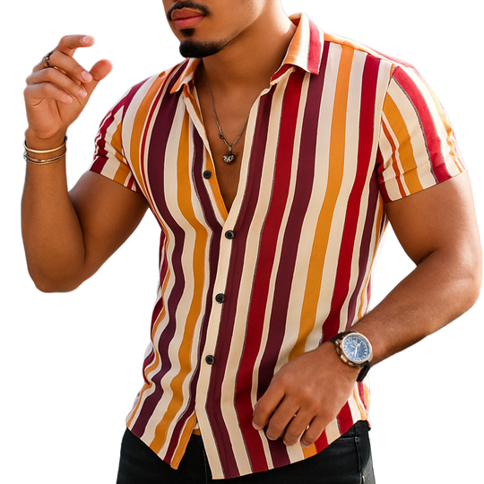 Men's Summer Classic Color Vertical Striped Short Sleeve Shirt DTT25061014