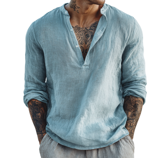 Men's Solid Cotton And Linen Henley Collar Long Sleeve Shirt DTT25081516
