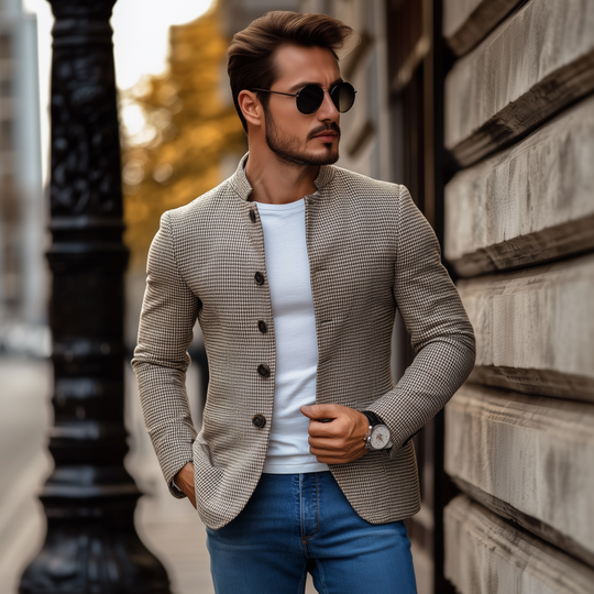 Men's Vintage Houndstooth Stand Collar Single-breasted Slim-fit Blazer DTT25080703