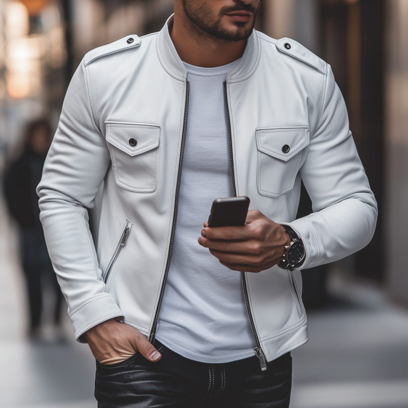 Men's Casual Solid Color Faux Leather Stand Collar Zipper Multi-Pocket Slim Fit Motorcycle Jacket DTT25073119
