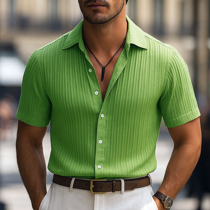 Men's Solid Striped Lapel Short Sleeve Shirt DTT25062501