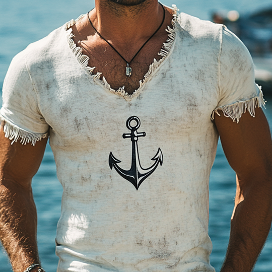 Men's Retro Printed Tassel V-Neck Short Sleeve T-Shirt DTT25062507
