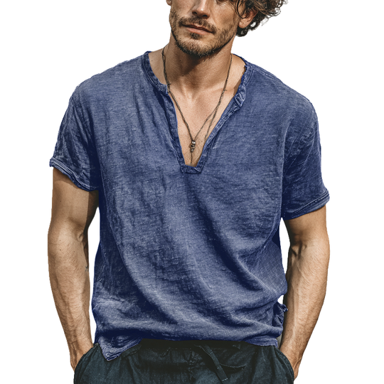 Men's Linen Blend V-Neck Short Sleeve T-Shirt DTT25070313