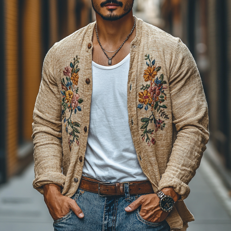 Men's Casual Linen Embroidered Stand Collar Loose Long Sleeve Shirt 9894194544824