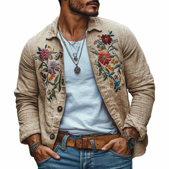 Men's Casual Linen Embroidered Lapel Loose Long Sleeve Shirt 9894193725624