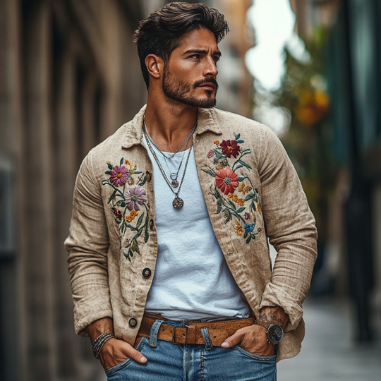 Men's Casual Linen Embroidered Lapel Loose Long Sleeve Shirt 9894193725624