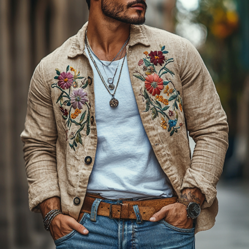 Men's Casual Linen Embroidered Lapel Loose Long Sleeve Shirt 9894193725624