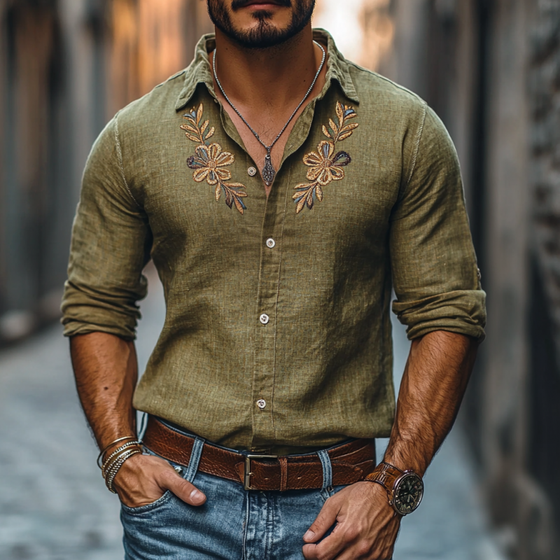 Men's Casual Linen Embroidered Lapel Slim Fit Long Sleeve Shirt 9894194610360