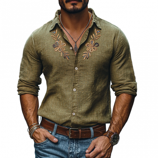 Men's Casual Linen Embroidered Lapel Slim Fit Long Sleeve Shirt 9894194610360