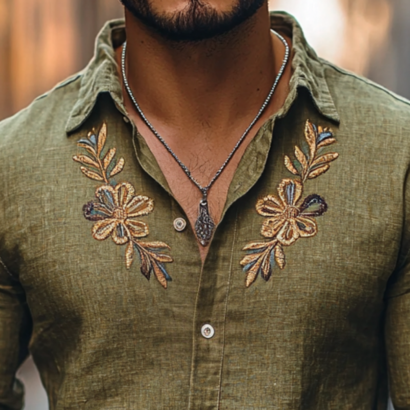 Men's Casual Linen Embroidered Lapel Slim Fit Long Sleeve Shirt 9894194610360