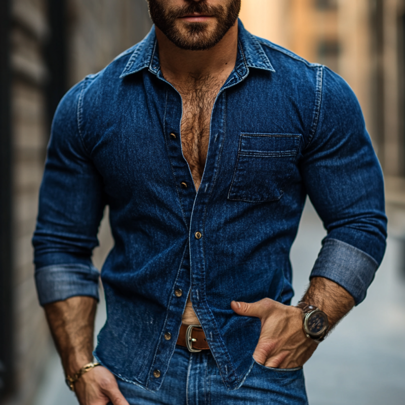 Men's Fashion Vintage Lapel Long-Sleeved Denim Shirt 9892050075832