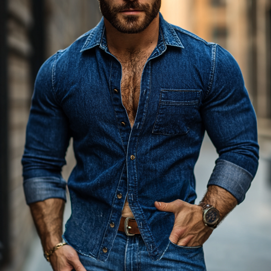 Men's Fashion Vintage Lapel Long-Sleeved Denim Shirt 9892050075832