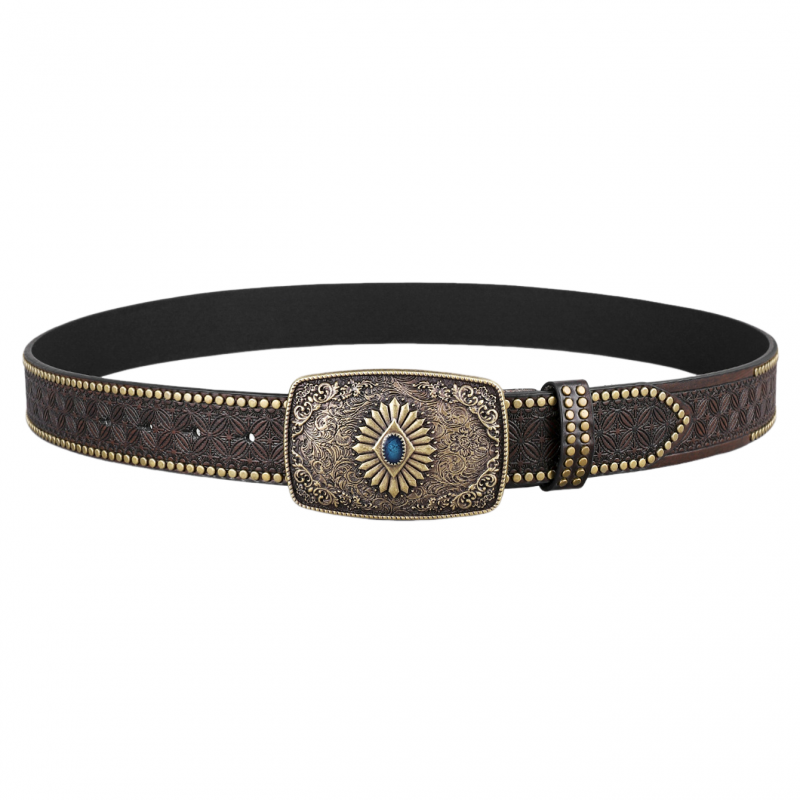 Men's Vintage Embossed Rivet Western Cowboy Leather Belt 9893977063608