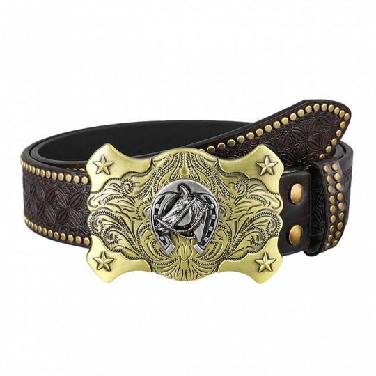 Men's Vintage Embossed Rivet Western Cowboy Leather Belt 9893976834232