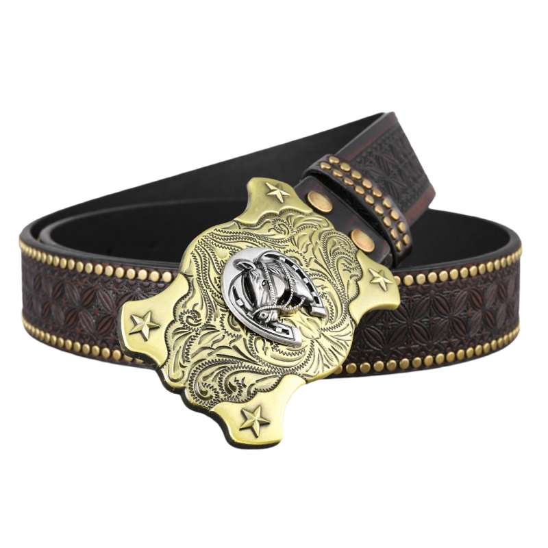 Men's Vintage Embossed Rivet Western Cowboy Leather Belt 9893976834232