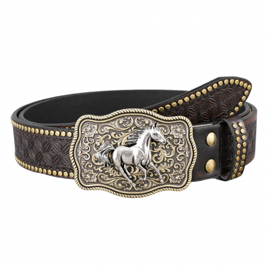 Men's Vintage Embossed Rivet Western Cowboy Leather Belt 9893976670392