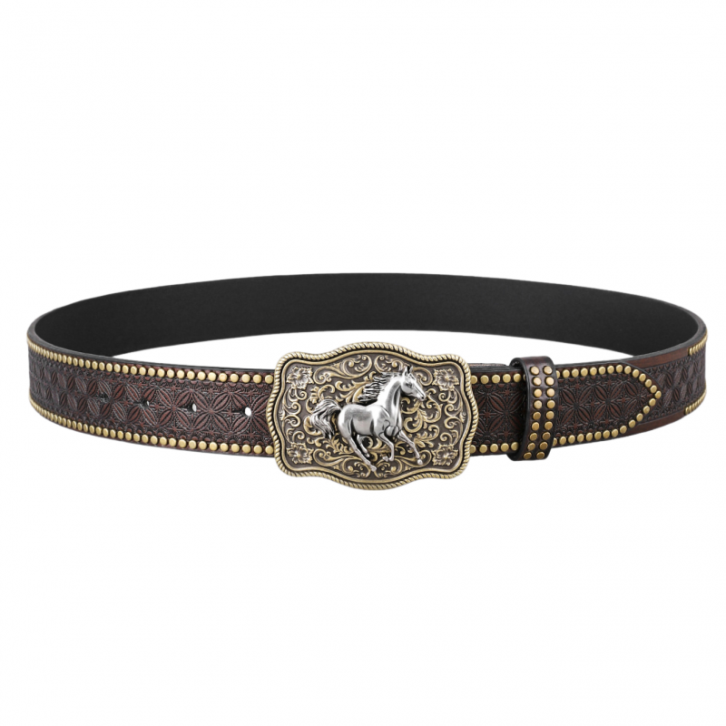 Men's Vintage Embossed Rivet Western Cowboy Leather Belt 9893976670392