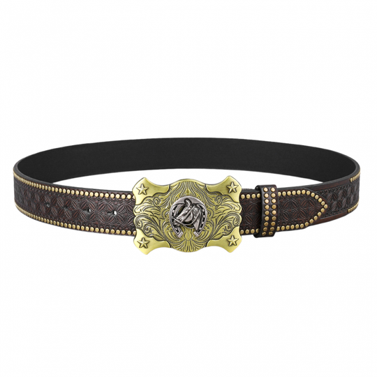 Men's Vintage Embossed Rivet Western Cowboy Leather Belt 9893976834232