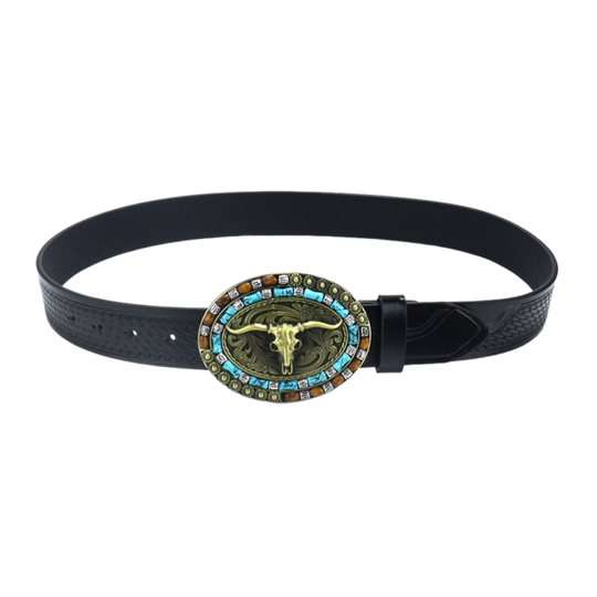 Men's Vintage Bull Head Western Cowboy Leather Belt 9893976899768