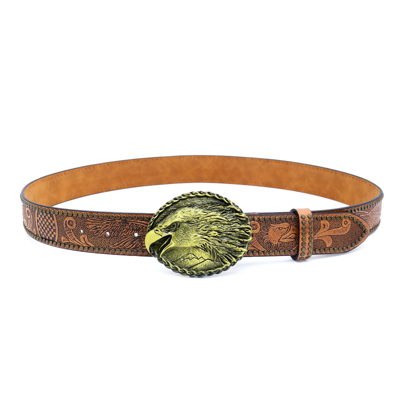 Men's Vintage Embossed Rivet Western Cowboy Leather Belt 9893976768696
