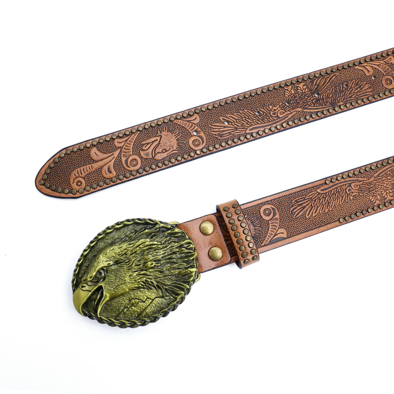 Men's Vintage Embossed Rivet Western Cowboy Leather Belt 9893976768696