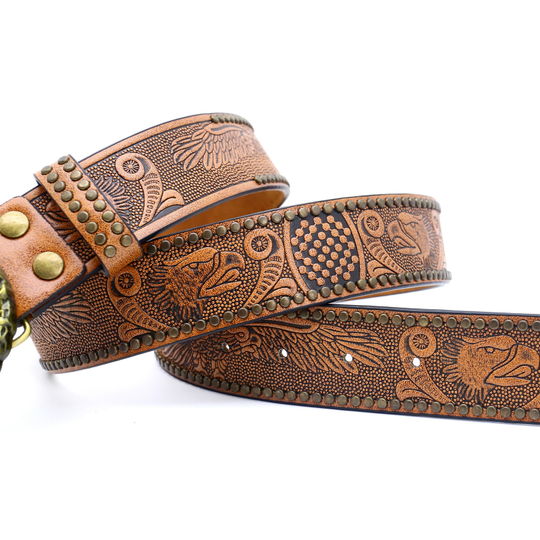 Men's Vintage Embossed Rivet Western Cowboy Leather Belt 9893976768696