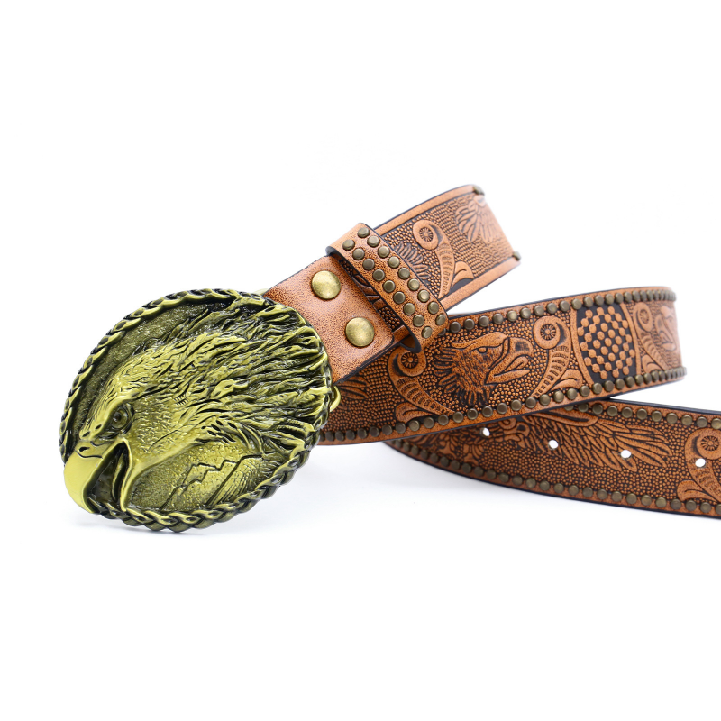 Men's Vintage Embossed Rivet Western Cowboy Leather Belt 9893976768696