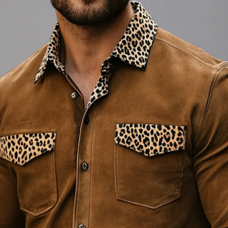 Men Fashion Leopard Print Suede Panel Long Sleeve Shirt 9893974474936