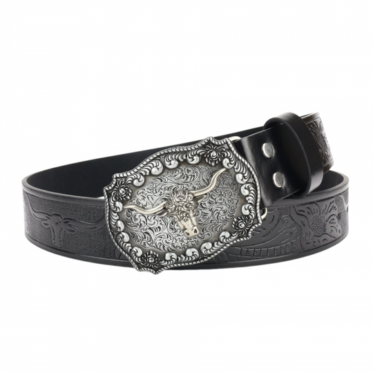 Men's Vintage Bullhead Punk Embossed Western Cowboy Leather Belt 9893976801464