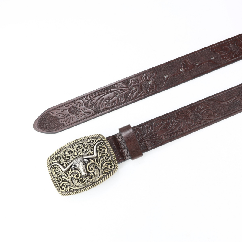 Men's Vintage Engraved Western Cowboy Leather Belt 9893976735928