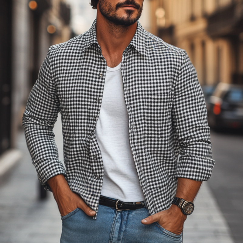 Men's Casual Houndstooth Lapel Patch Pocket Loose Long Sleeve Shirt 9892051189944