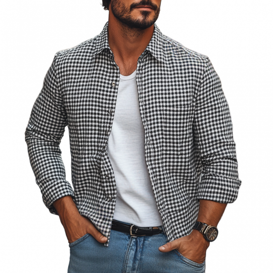 Men's Casual Houndstooth Lapel Patch Pocket Loose Long Sleeve Shirt 9892051189944