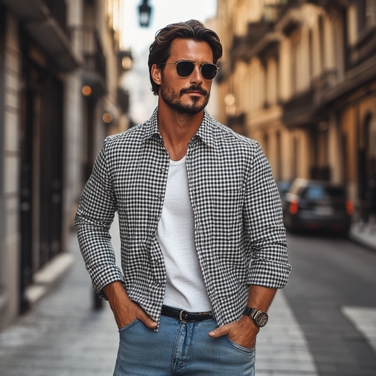 Men's Casual Houndstooth Lapel Patch Pocket Loose Long Sleeve Shirt 9892051189944