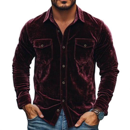 Men's Vintage Velvet Lapel Chest Pocket Slim Fit Long Sleeve Shirt 9892050960568