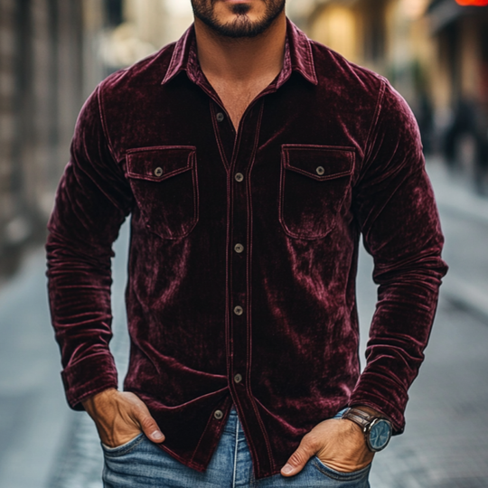 Men's Vintage Velvet Lapel Chest Pocket Slim Fit Long Sleeve Shirt 9892050960568