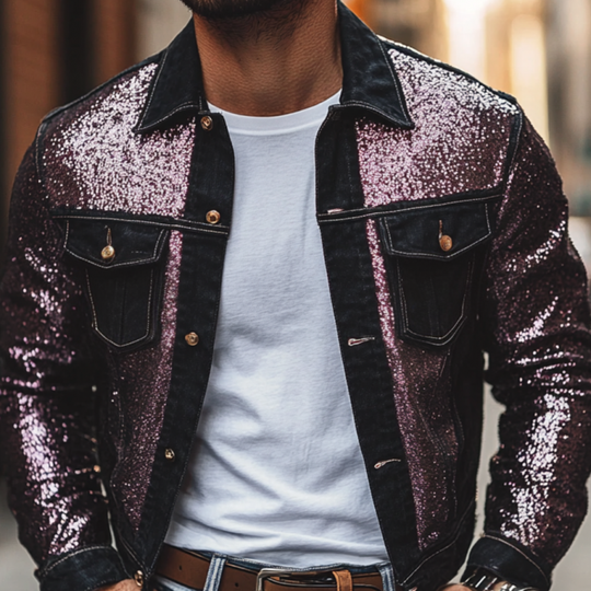 Men's Casual Lapel Denim Sequin Patchwork Slim-fit Jacket 9892051583160