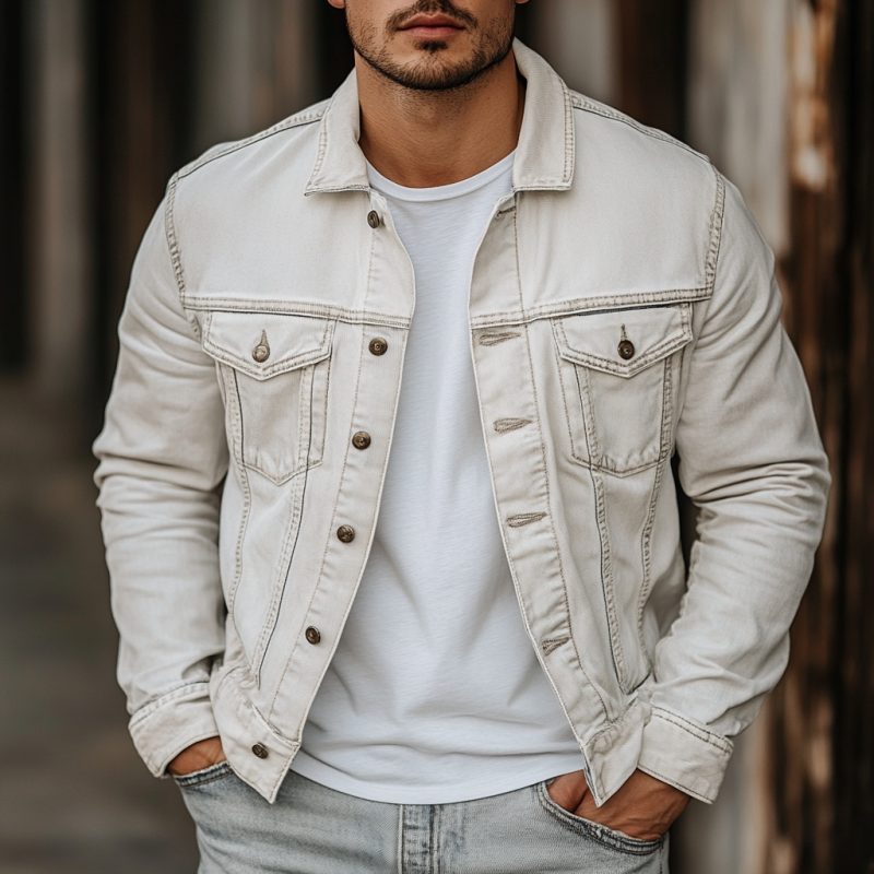 Men's Classic Casual Solid Color Washed Denim Jacket 9892386046136