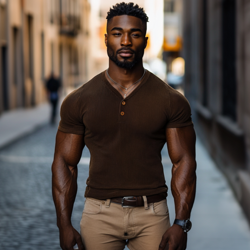 Men's Casual Cotton Blended Ribbed V-neck Slim Short-sleeved T-shirt 9901320306872