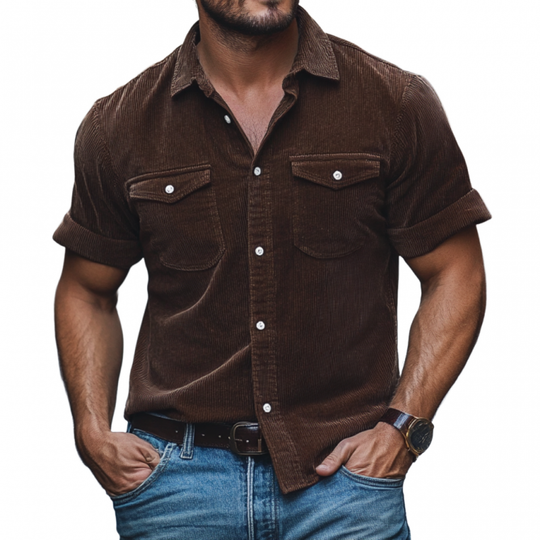 Men's Casual Corduroy Lapel Chest Pocket Loose Short Sleeve Shirt 9901320601784